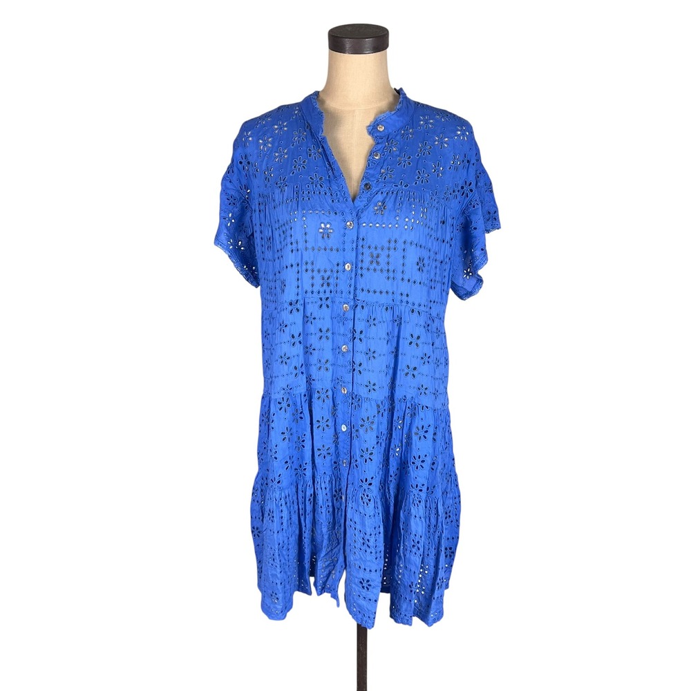 Johnny Was Jade Royal Blue Eyelet Tiered Button Down Dress L34822-4 Womens M